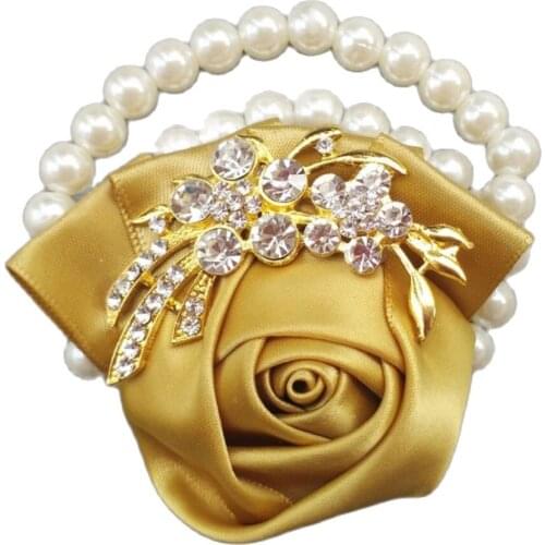 Handmade simulation golden wrist flower groom bride boutonniere jeweled crystal bling Wrist corsage 001-G