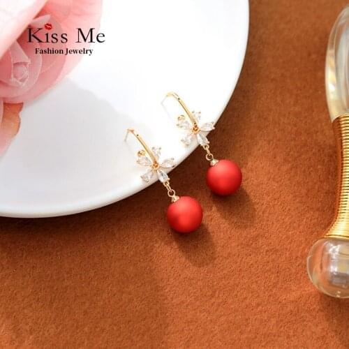Kissme Delicate Zircon Flower Acrylic Pearl Dangle Earrings For Women Gold Color Brass Earrings New Fashion Jewelry Accessories