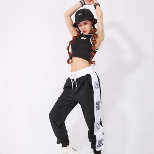 Hip Hop Dance Costumes Women Black Outfits Print Vest Embroidery Pants Set Ladies Evening Party Bar Nightclub Stage Suit DT707