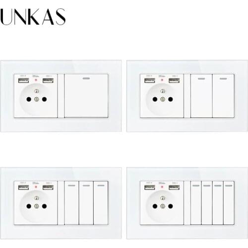 UNKAS French Standard Dual USB Port Socket + 1 2 3 4 Gang 1 / 2 Way On / Off Light Switch Tempered Crystal Glass Panel Outlet