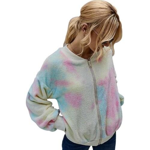 2021 winter contrast color tie-dye long-sleeved plush jacket women Fleece Zipper Long Sleeve Tops Autumn Warm Daily Wear Soft