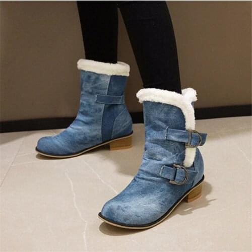 PXELENA 2020 Hot Denim Ankle Boots for Women Chunky Low Heels Blue Buckle Winter Cowboy Boots Casual Shoes Blue Large Size 34-45