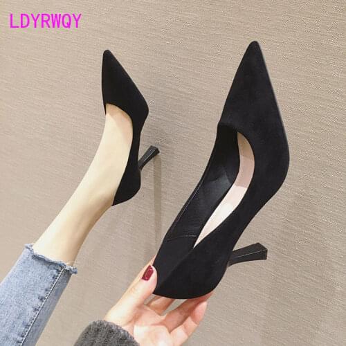 Black suede high heels pointed toe stiletto professional work womens singles 43 large size