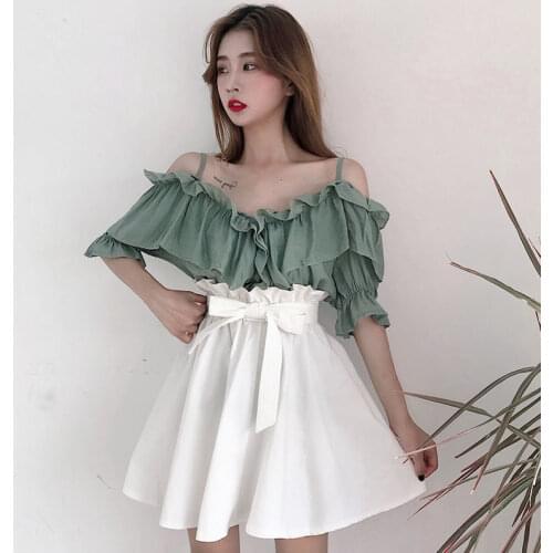 2020 New Summer Women Fashion Slash Neck Petal Sleeve Crop Top and Pleated Mini Skirt Set Korean Ladies Solid Slim 2 Pcs Set 229