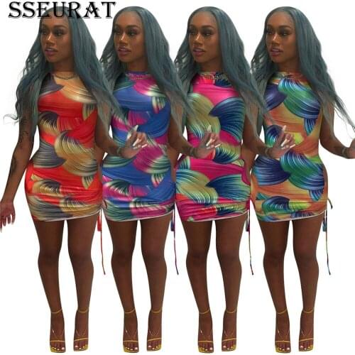 SSEURAT Sexy Printed Slim Fit Dress Women Sleeveless Bandage Dress Streetwear Side Hollow Drawstring Dress
