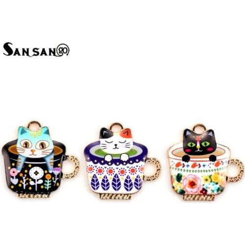 10Pcs/set Cute Teacup Cat Enamel Shiny Eyes Charms Pendants for Women DIY Handmade Necklace Jewelry Wholesale Accessories