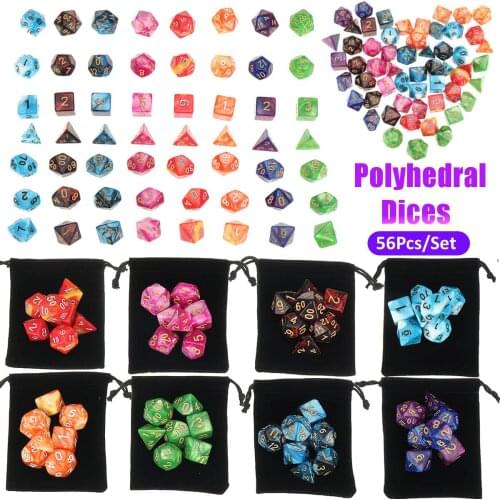 56Pcs/Set Polyhedral Dices With Black Pouch Bags For Games D20 D12 D10 D8 D6 D4