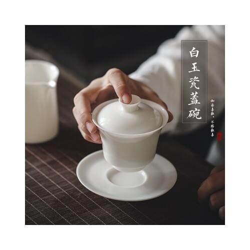 Dehua White Porcelain Tea Tureen Handmade White Jade Teacup Kung FuPu'er Green Tea Oolong Three Bowls Teaware Free Shipping