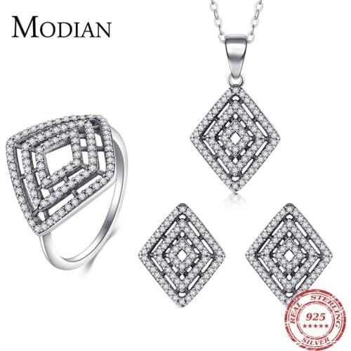 Modian Fashion Luxury Wedding Jewelry Set Vintage Sterling Silver 925 Rhombus Pandant Necklace & Stud Earring & Ring for Women
