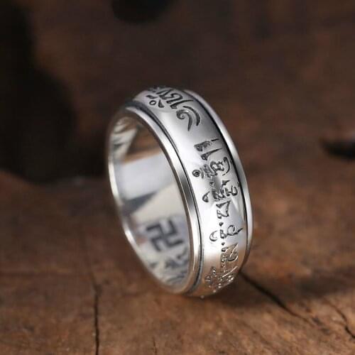 925 Silver Buddha Ring Jewelry Men Women Letter Rotatable Ethnic Heart Sutra Mantra Statement Ring