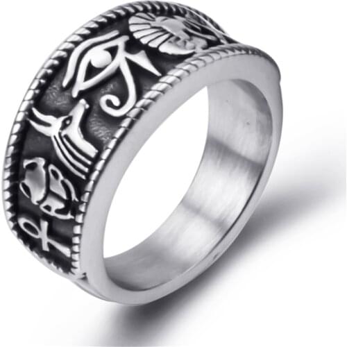 Elfasio Men Stainless Steel Rings Egyptian Eye of Horus Cross of Life Ankh Symbol Vintage Band Jewelry Size 8-13