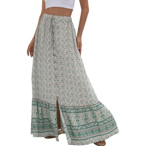 Summer Women High Waist Print Long Skirt Loose Casual Female Button Ankle-length Skirt