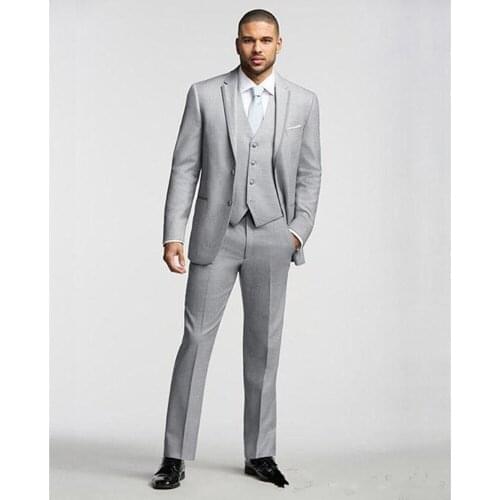 New Trendy Design Two Buttons Light Grey Groom Tuxedos Notch Lapel Groomsmen Best Man Suits Mens Wedding Suits Jacket+Pants+Vest