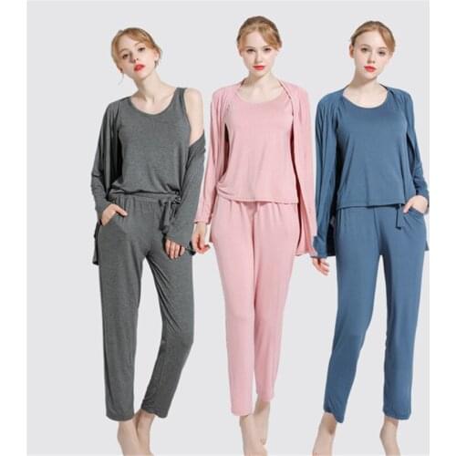 Pajamas plus size 3PC female spring and summer modal long-sleeved vest thin outer wear casual home service suit fashion badjas