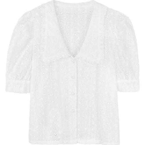 PERHAPS U Women Shirt Solid Short Sleeve Puff Sleeve Summer Turn Down Collar White Lace Embroidery Elegant B0604