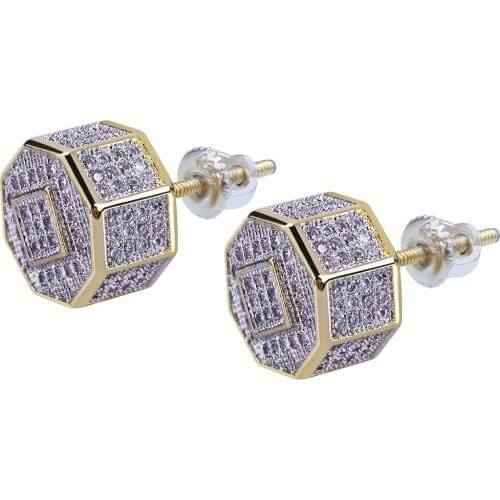 GUCY Hip Hop Gold Color Stud Earrings All Iced Out Micro Pave Cubic Zircon Geometric With Screw Back Men Women Earring Gifts