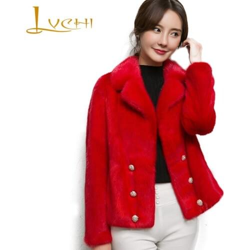 LVCHI Winter 2019 Import Turn-Down Collar Real Mink Fur Coat Womens Button Long Sleeve Print Jacket Coat Short Loss Mink Coats