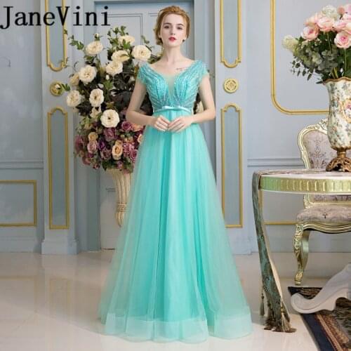 JaneVini Sexy Illusion Tulle Beaded Crystal Long Bridesmaids Dresses Zipper Back A Line Floor Length Plus Size Prom Party Gowns