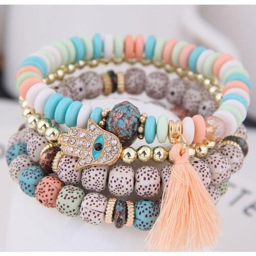 Bohemian Evil Eye Charm Bracelts Women Natural Stone Wind Bodhi tassel Hand Bead Bracelts Bangles Fashion Jewelry 4pcs/lot
