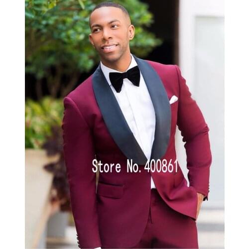 High Quality One Button Burgundy Groom Tuxedos Shawl Lapel Groomsmen Mens Suits Blazers (Jacket+Pants+Tie) W:706
