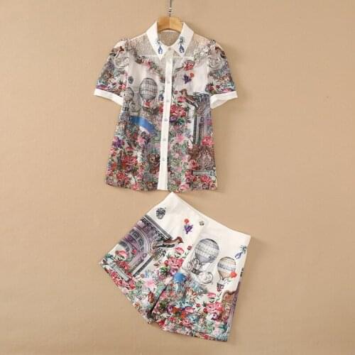 European and American womens wear for summer 2021 Short-sleeved patchwork lace shirt Architectural floral print shorts suits