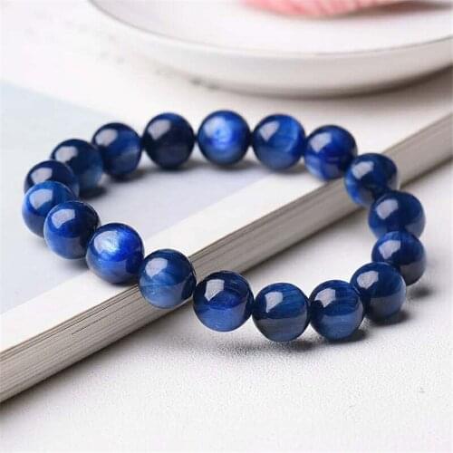 Genuine Blue Gems Natural Kyanite Bracelet Women Female Stretch Crystal Cat Eye Round Bead Bracelet 10mm Drop Shipping AAAAA