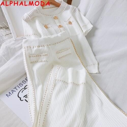 ALPHALMODA 2020 Autumn Fashion Suit Female Pullovers Short-sleeved Single Breasted Jumpers + Wide-leg Pants Women Casual Set