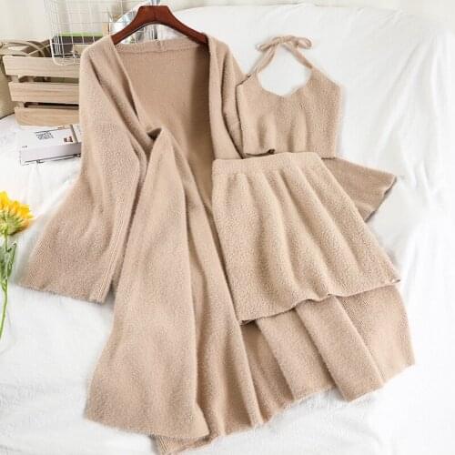 2021 fall winter women new Comfortable popular knitted suit halter vest + skirt + long section knitted jacket three-piece s671