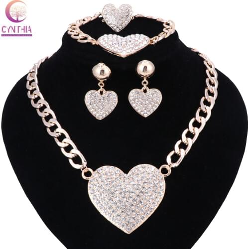 Women Romantic Heart Love Crystal Statement Chokers Necklace Earring Ring Set For Bridal Gold Color Wedding Dress Jewelry Sets