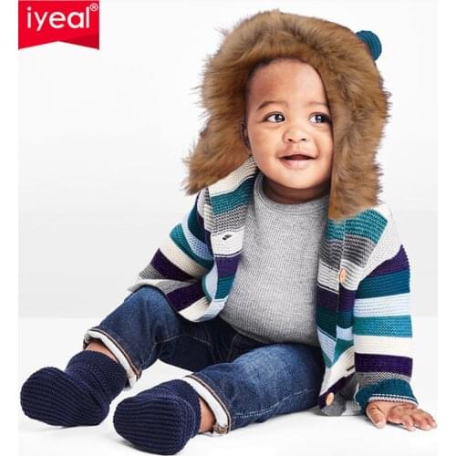 IYEAL Winter Sweaters For Girls Baby Cardigans Fur Bear Hooded Striped Kid Boys Knitted Jackets Childrens Long Sleeve Clothing