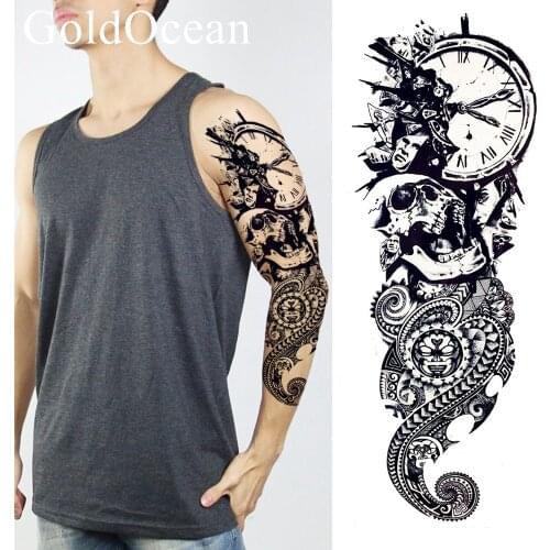 Long Lasting Black Ghost Temporary Tattoo Clock Henna Men Full Arm Tattoo Stickers Boys Body Art Disposable Waterproof Tattos