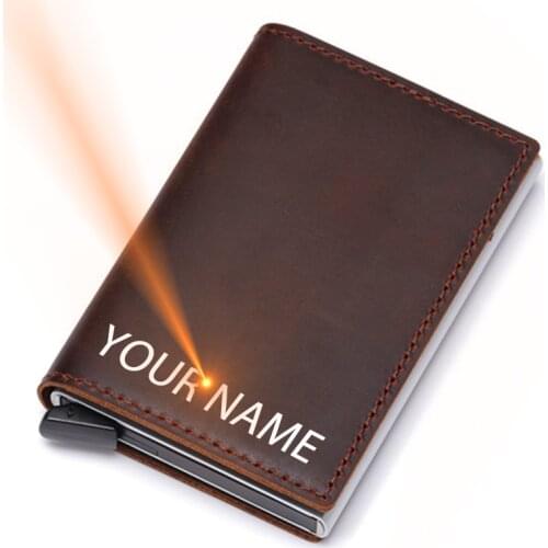 Engrave Name Card Holder Men Wallet Genuine Cow Leather Men Purse for Men Credit Bank Card Holder Short Rifd Male Wallets Card