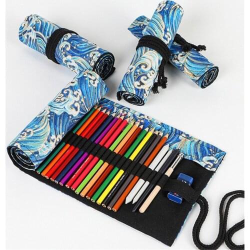 1pc Canvas 12/24/36 Holes Pencil Bag Wrap Roll Up Pen Holder Cosmetics Brushes Pouch Pocket Brushes Holder Makeup Bag Kawaii