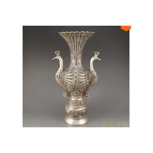 Chinese Silver Bronze Handwork 2 Peacock Shape Vases w Ming Dynasty XuanDe Mark decoration bronze factory outlets