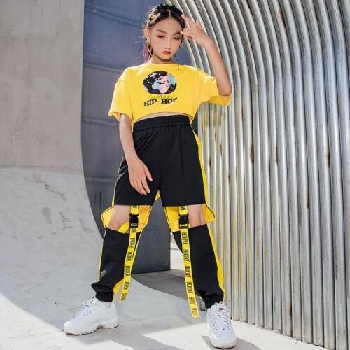 Hip Hop Dance Costume Cropped Yellow Tops Girls Fashion Pants Kids Jazz Performance Clothes Short Sleeve Hip Hop Clothing BL6462