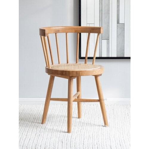 Nordic Rattan Armchair Solid Wood Single Leisure Chair Oak Rattan Weaving Windsor Dining Chair Dining Room Study Round Chair