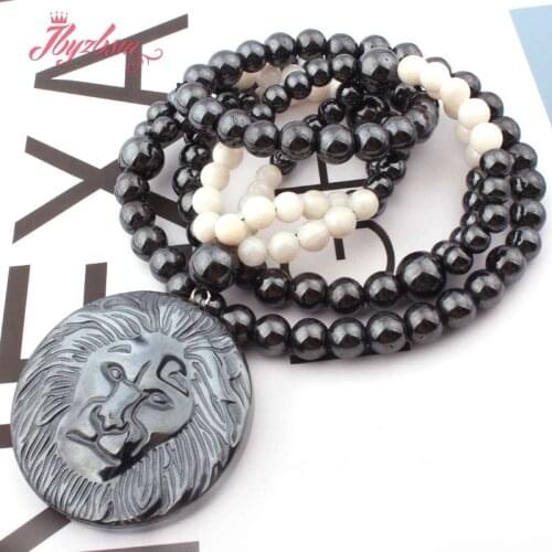 8mm Round (No Magnetic) Hematite Natural Stone Beads For Tribal Women Fashion Jewellery Lion Pendant Necklace 27" Free Shipping