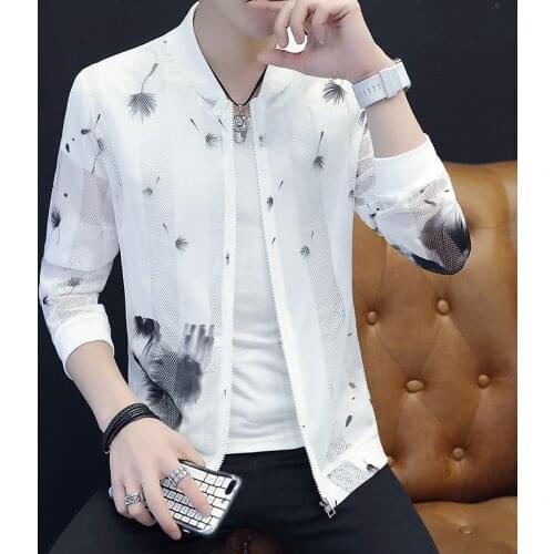 Clothing Summer Jackets Men Fashion 2021 Streetwear Slim Fit Bomber Jacket Stand Collar Print Hollow Outwear Coat