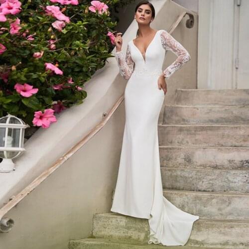 Charming Wedding Dresses Jersey Pleat Lace Pleat V-Neck Full Sleeve Backless Mermaid Bridal Gowns Novia Do 2021 New