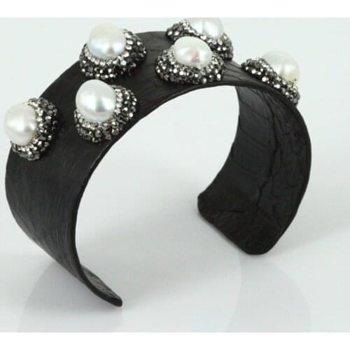 Real Black Snake Leather Pave Natural Freshwater Pearl Charms Adjustable Open Big Wide Bangles Cuff Women 2020 Luxury Jewelry
