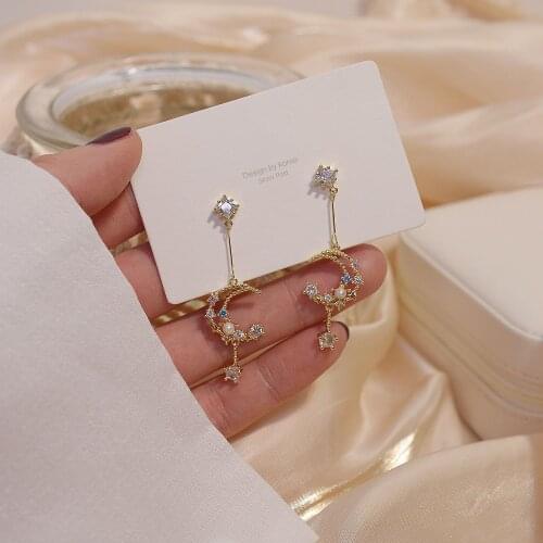 Romantic Inlaid Pearl Moon Drop Earring for Women Charm 14K Real Gold Transparent Colorful Zirconia Daily Jewelry Pendant