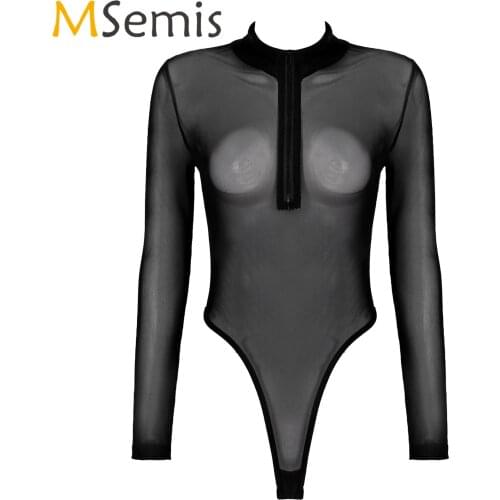 Sexy Womens Lingerie Mock Neck Zipper High Cut Bodysuit Sexy See-through Mesh Skinny Jumpsuit Ladies Sexy Babydoll Nightwear