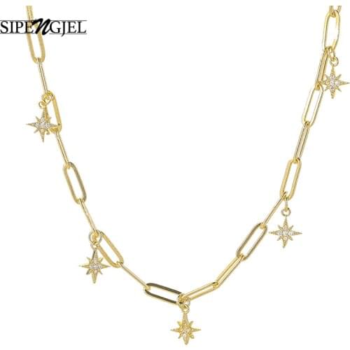 SIPENGJEL Fashion Inlaid Zircon Stars Pendant Necklace Geometric Link Chain Hip Hop Necklace For Women Girls Punk Jewelry 2021
