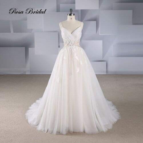 Rosabridal A line wedding dress 2019 Factory price V-neck and Backless sleeveless lace appliques tulle gown
