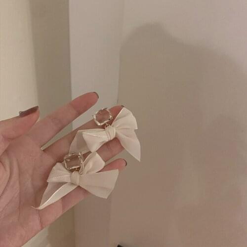 Beige Color Bowknot Dangle Earrings for Women Girl Korean Sweet White Shiny Crystal Trendy French Romantic Female Elegant Jewelr