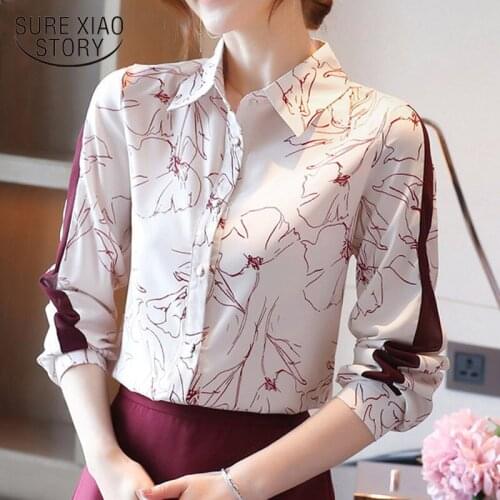 Korean New Style Womens Lapel Chiffon Blouse Long Sleeve Printed Womans Shirts Cardigan Loose Elegant Overalls for Women 10841