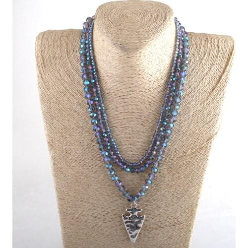 RH Fashion Bohemian Tribal Jewelry Black Crystal Three Row Level Long Knotted Alloy Arrow Pendant Necklaces For Women Necklace