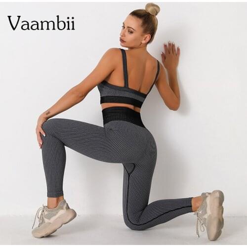 Women Ribbed Sport Outfit Striped Sport Tracksuit Seamless Sports Set 2021 Two Piece Yoga Fitness Clothing Leggings Bra Suit