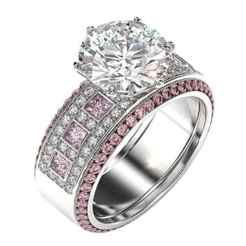 2021 New Silver Color Inlaid Pink White Crystal Zircon Rhinestone Female Ring for Women Party Jewelry Accessories Size 5-11