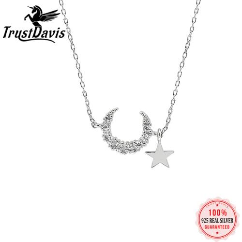 ElfoPlataSi Real 925 Sterling Silver Fashion Sweet Moon Star Dazzling CZ Pendant Necklace For Women Wedding Party Jewelry ED483